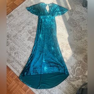 Lucy Wang Teal Maxi Dress w/soft flutter sleeves, bow back waist tie, slit back